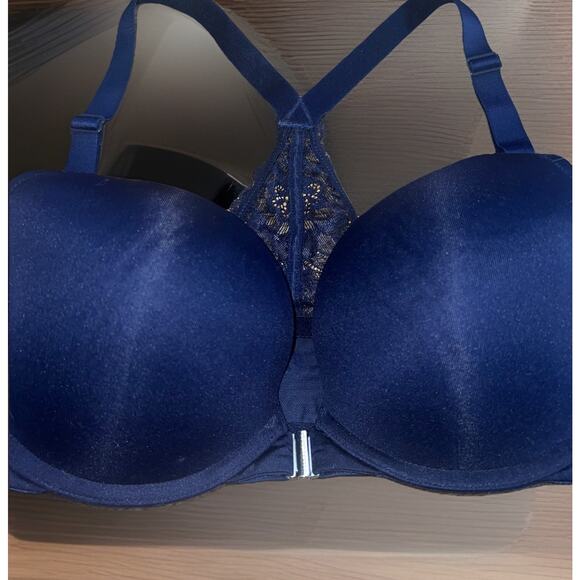 Cacique Front-Close Smooth Boost Plunge Bra 38C Satin Navy Razor Lace Back - Picture 2 of 6